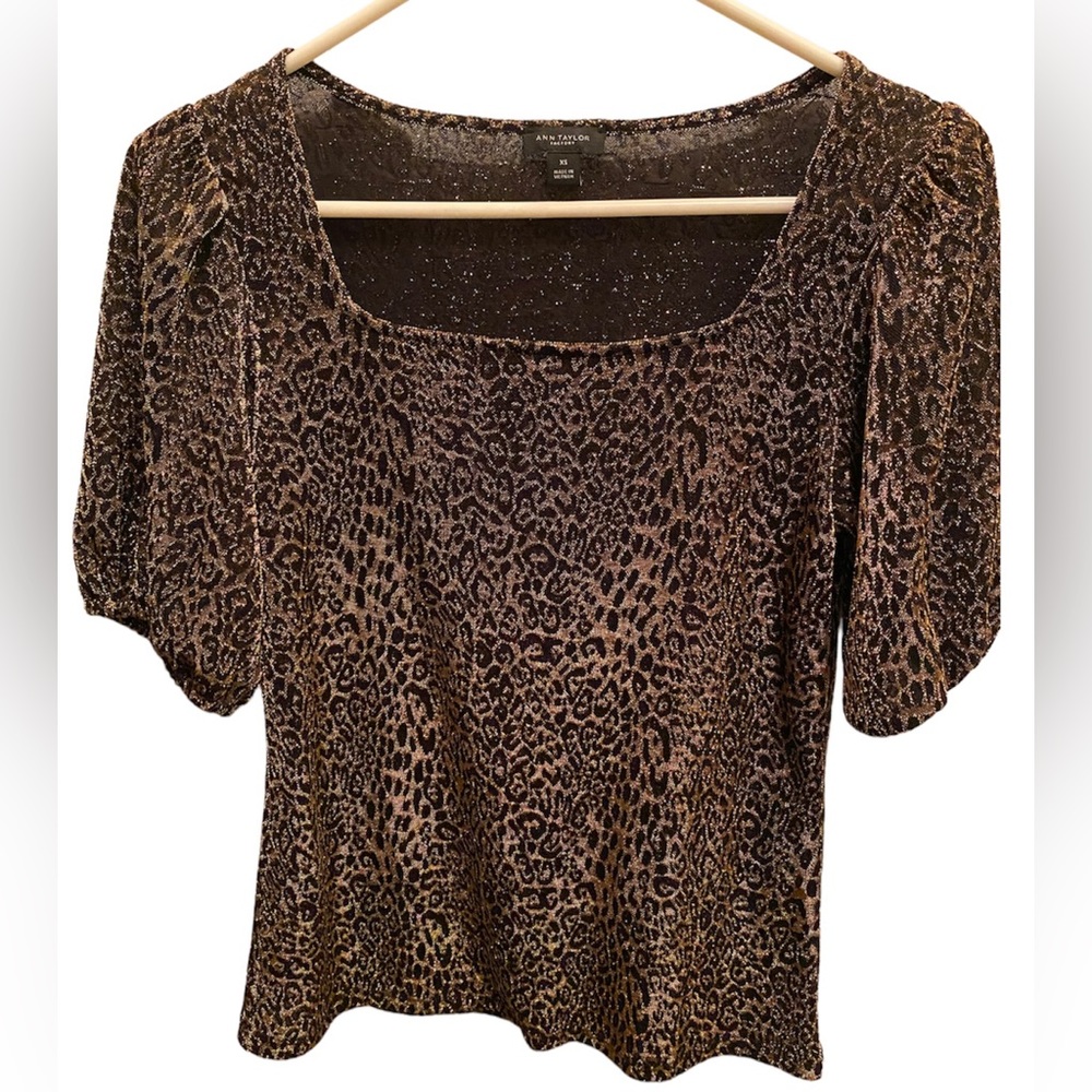 Ann Taylor Leopard Print Puff Sleeve Square Neck Top